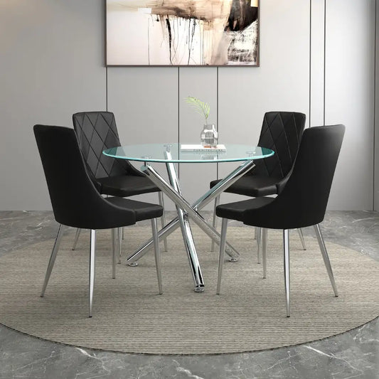 Solara/Devo 5pc Glass Dining Table Set – Chrome Round Table