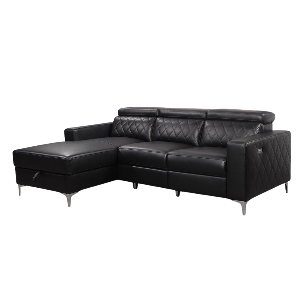 Modern Black Leather Gel Power Reclining Sectional Sofa with Storage