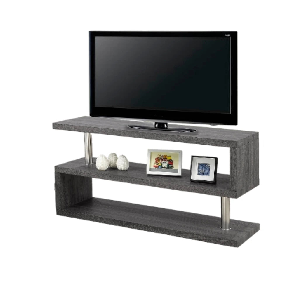 TV stand with a television on top, featuring decorative items.