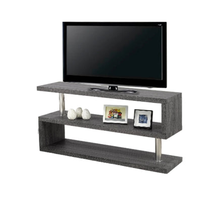 TV stand with a television on top, featuring decorative items.