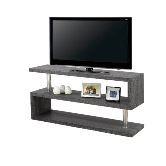 TV stand with a television on top, featuring decorative items.