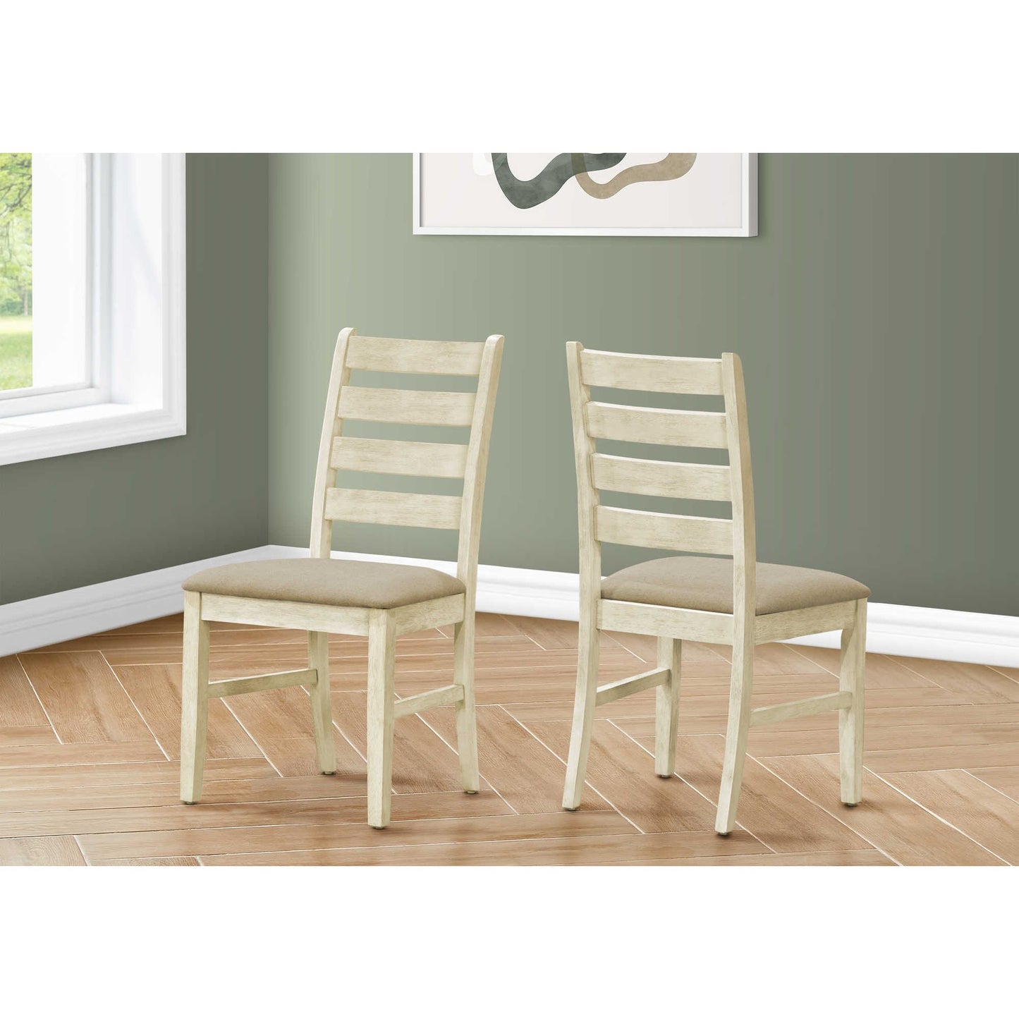 Upholstered Dining Chairs – Beige Linen-Look Fabric - Set of 2