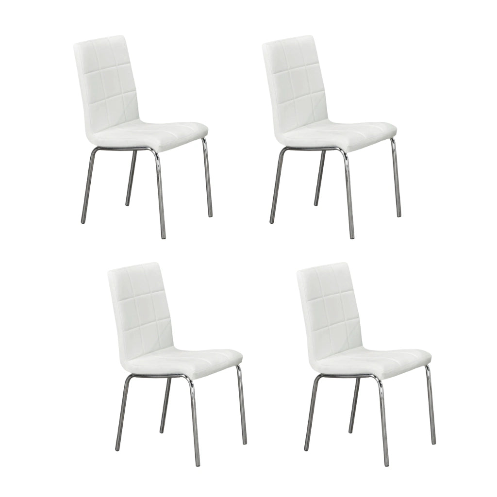Four white dining chairs with chrome legs 