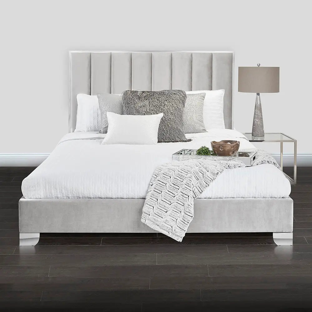 Uriel Grey Velvet King Bed With Steel-Framed Headboard