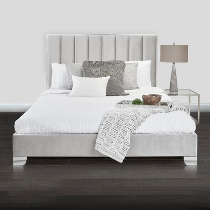 Uriel Grey Velvet King Bed With Steel-Framed Headboard