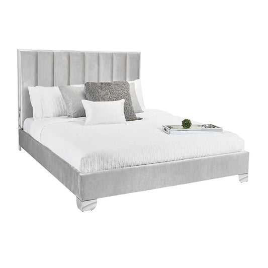 Uriel Grey Velvet King Bed With Steel-Framed Headboard