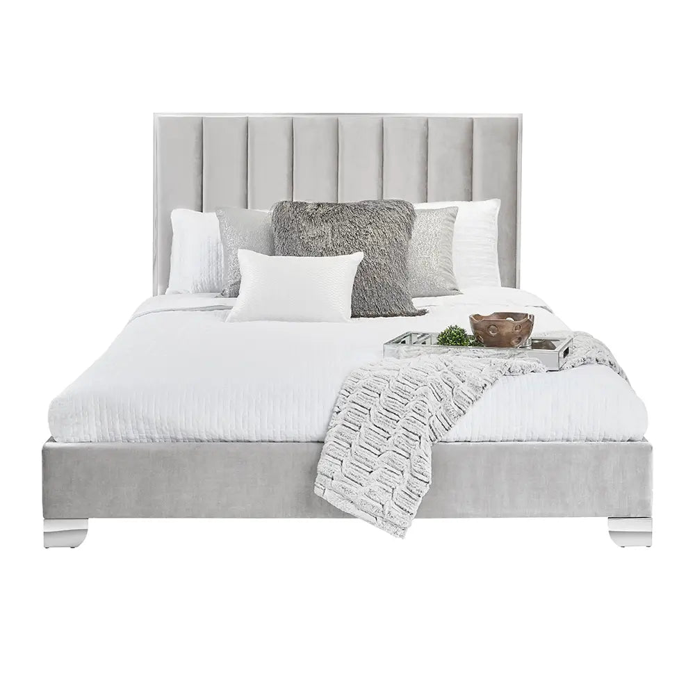 Uriel Grey Velvet King Bed With Steel-Framed Headboard