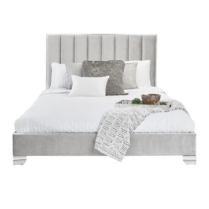 Uriel Grey Velvet King Bed With Steel-Framed Headboard