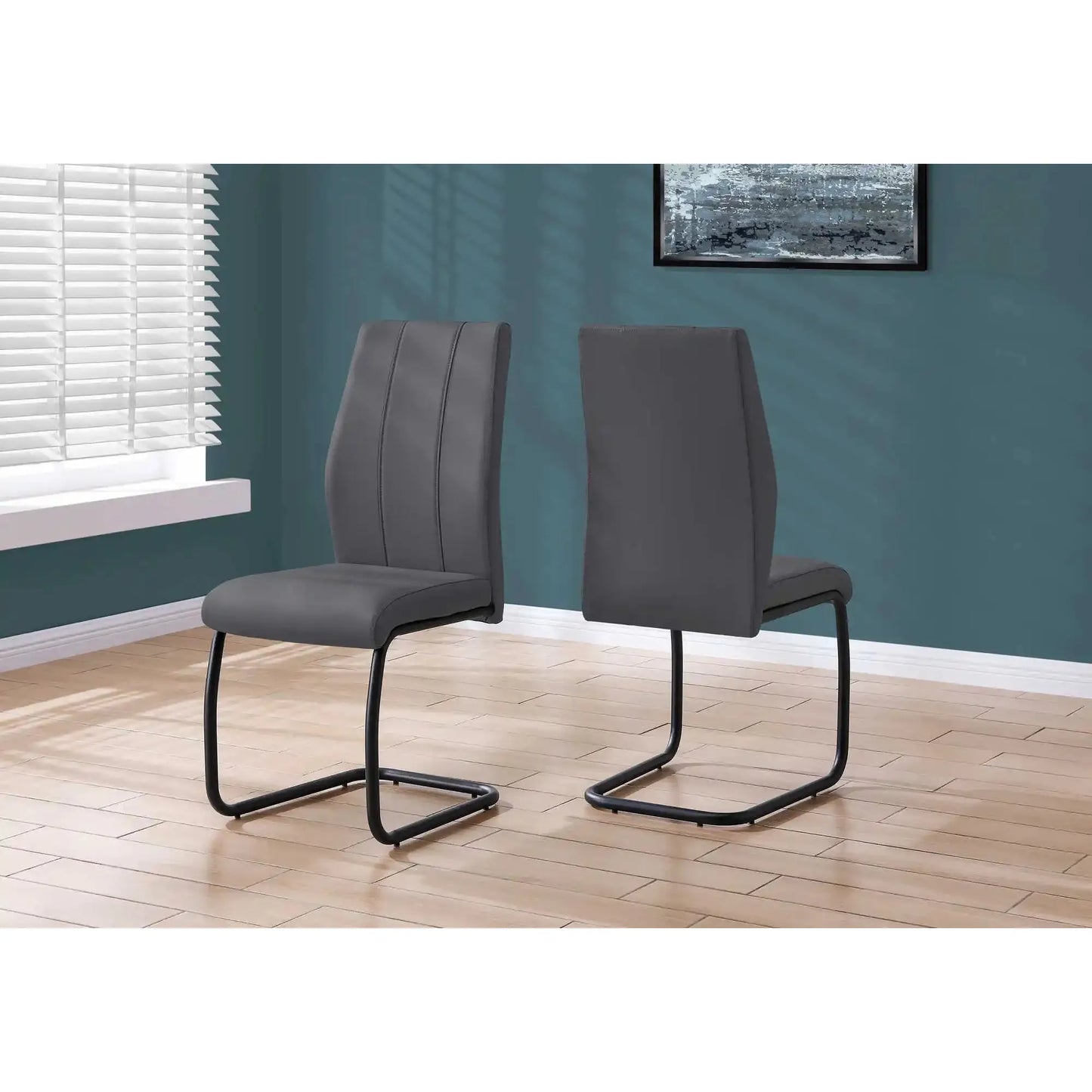 Grey Leather Look Dining Chair – Cushioned Seat - U-Shaped Legs - 2pcs