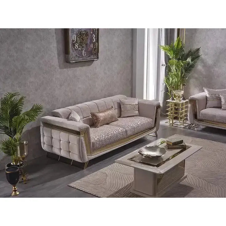 MAXIMO Beige & Gold Velvet Sofa Set – with Bed Option and Steel Legs