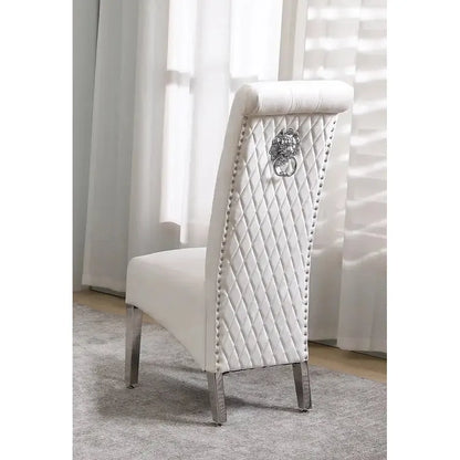 White upholstered chair with decorative backrest
