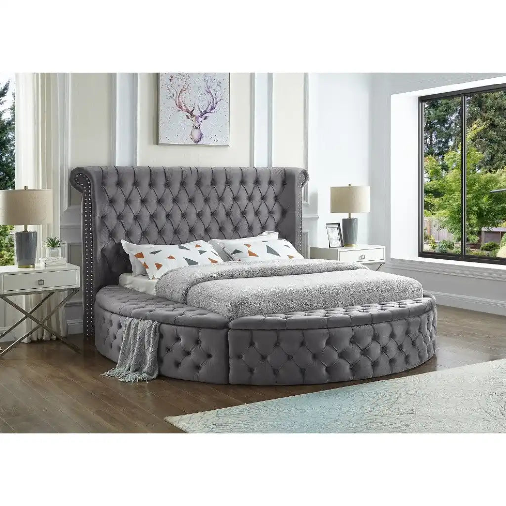 Velvet Queen Bed with Deep Tufting & Storage Benches