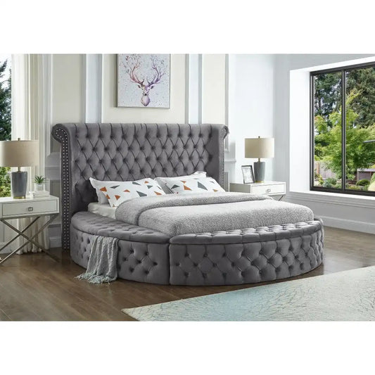 Velvet Queen Bed with Deep Tufting & Storage Benches