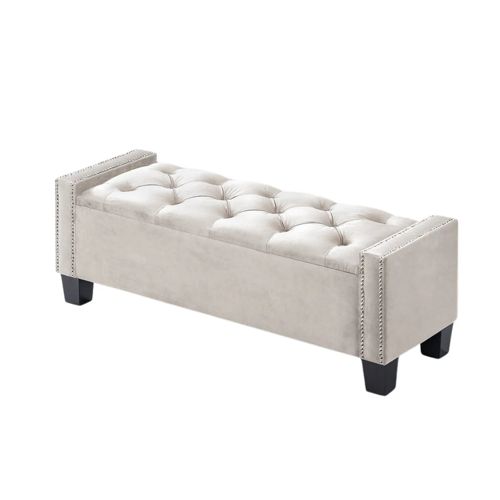 Cream tufted bench with black legs 
