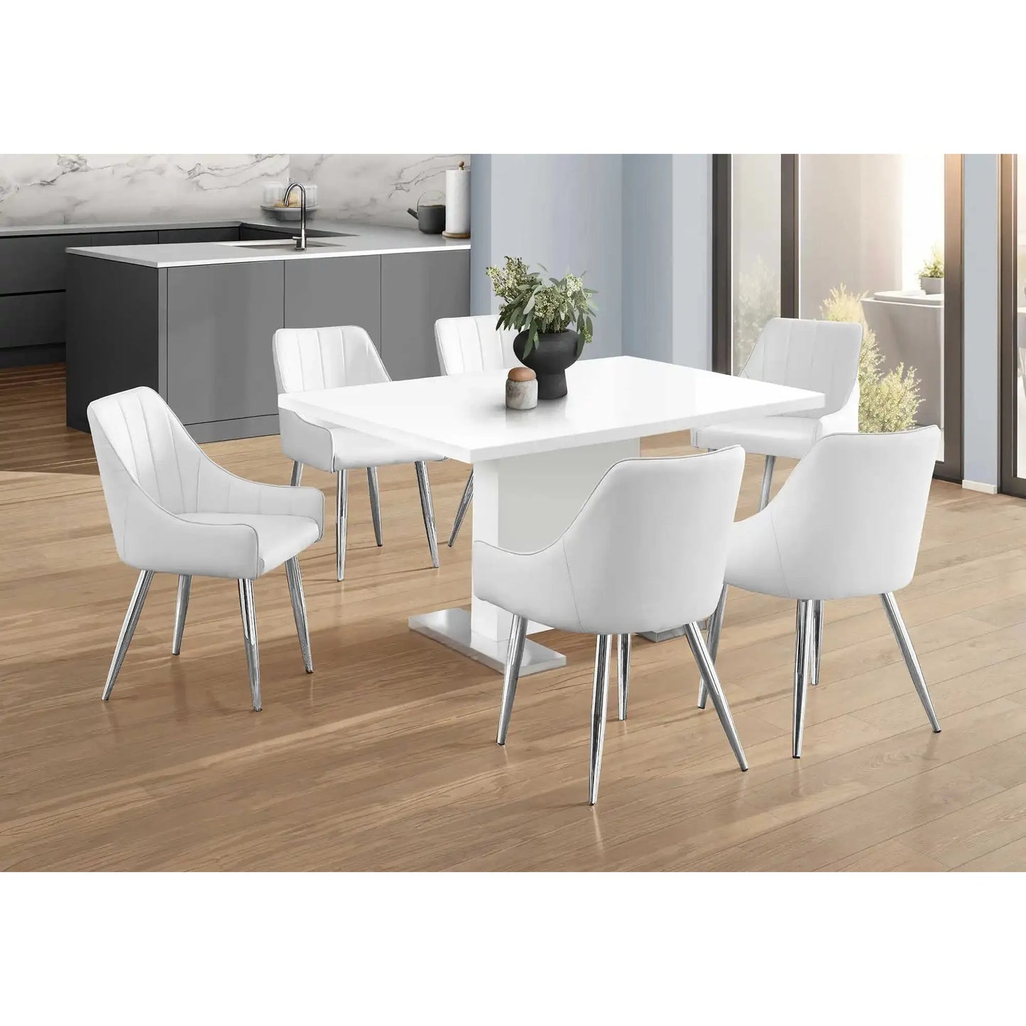 Modern High Glossy White Dining Table, with Chrome-Look Legs