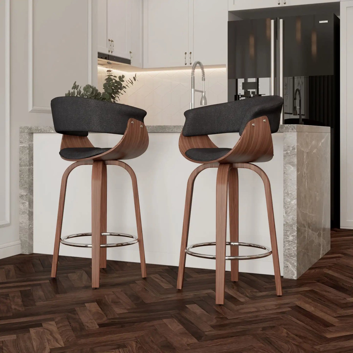 Holt Swivel Counter Stool with Curved Wood Frame & Fabric Seat