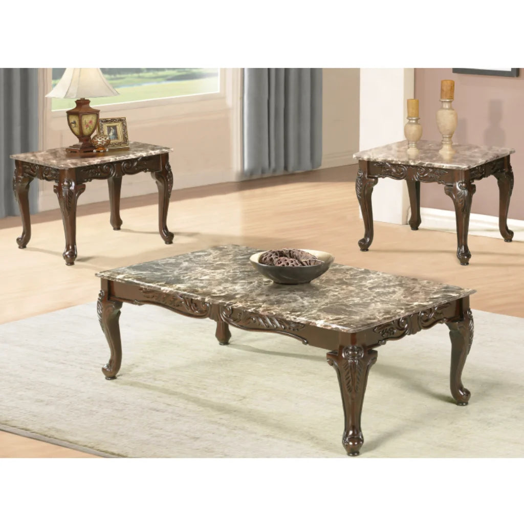 Set of three dark walnut coffee tables with marble surfaces 