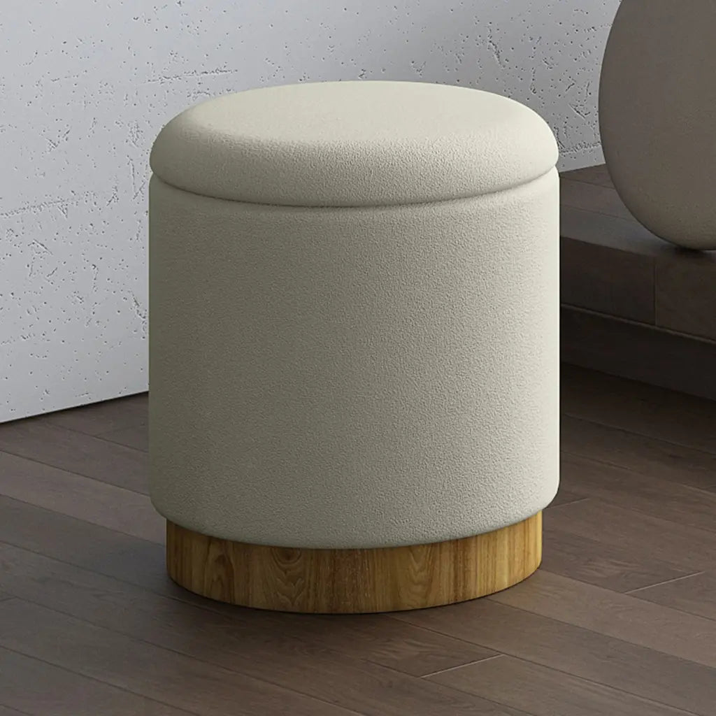Alya Round Storage Ottoman with Lid – Natural Wood Base, Fabric Top