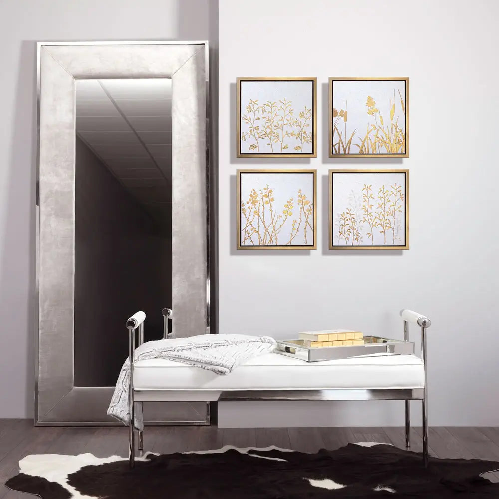 White Leatherette Bench with Arms and Polished Stainless Steel Frame