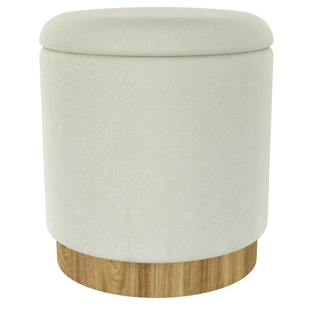 Alya Round Storage Ottoman with Lid – Natural Wood Base, Fabric Top