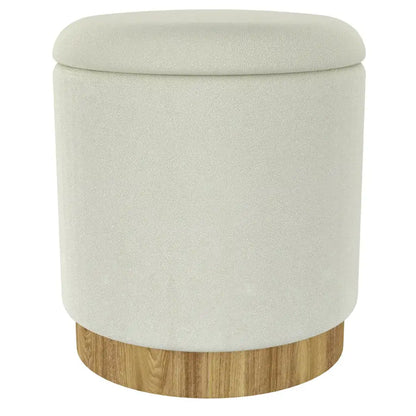 Alya Round Storage Ottoman with Lid – Natural Wood Base, Fabric Top