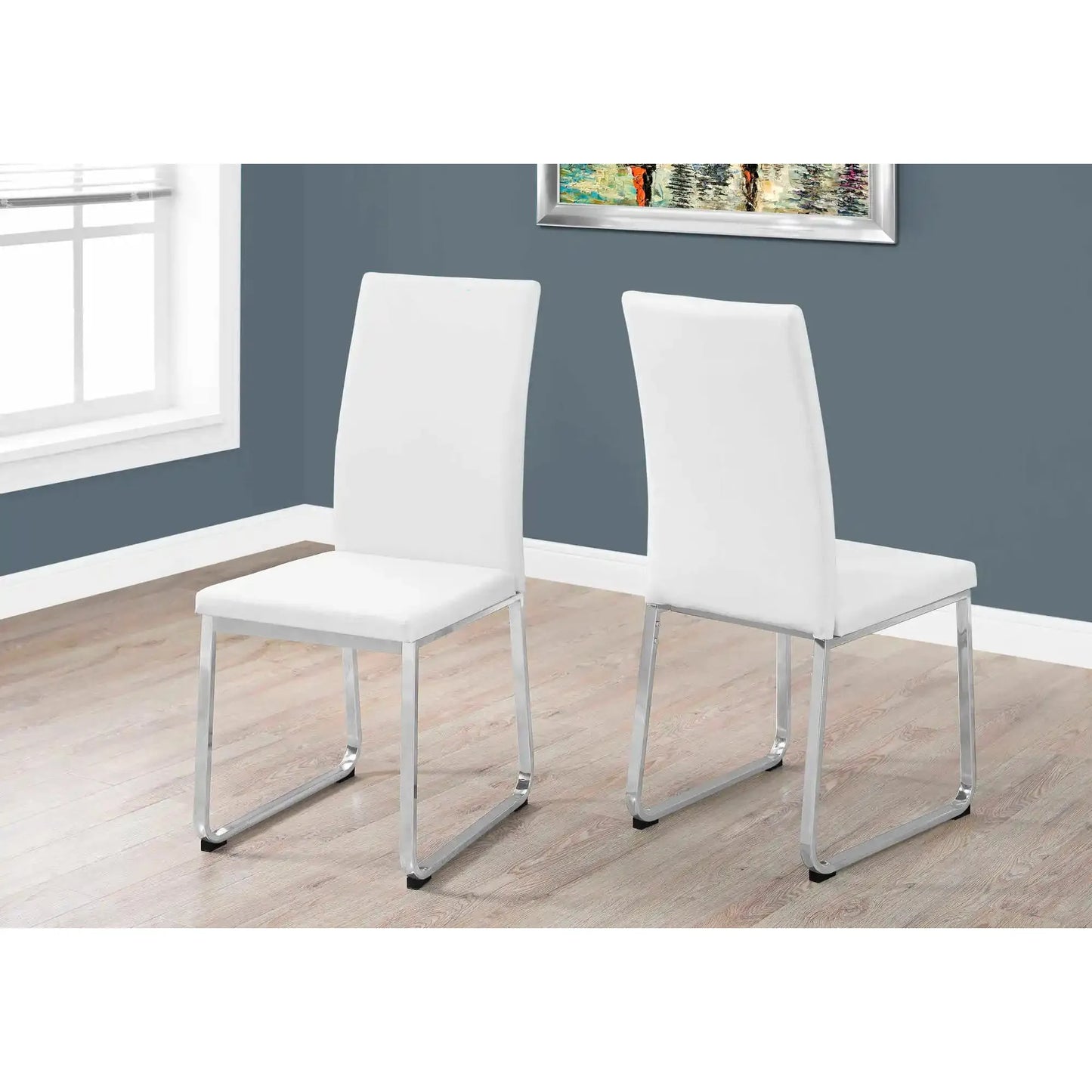 White Faux Leather Dining Chairs – Chrome Legs, 38" Height - Set of 2