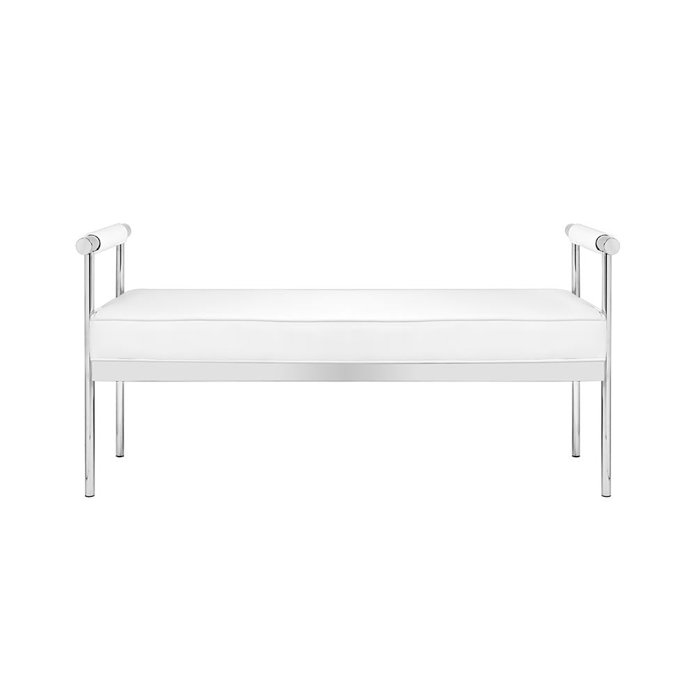 White Leatherette Bench with Arms and Polished Stainless Steel Frame