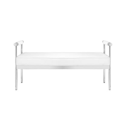 White Leatherette Bench with Arms and Polished Stainless Steel Frame