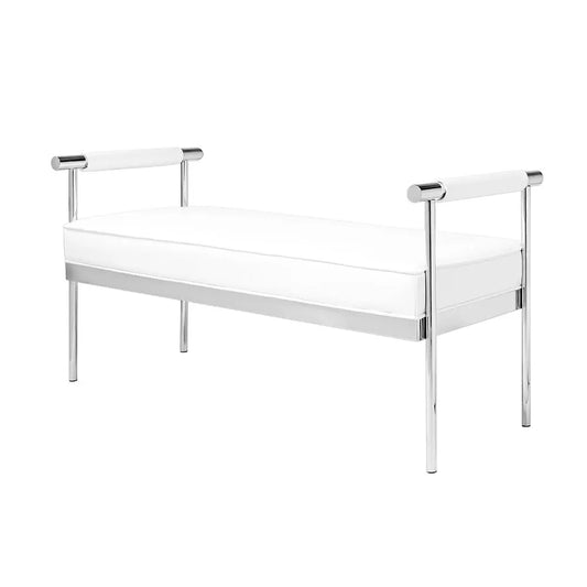 White Leatherette Bench with Arms and Polished Stainless Steel Frame