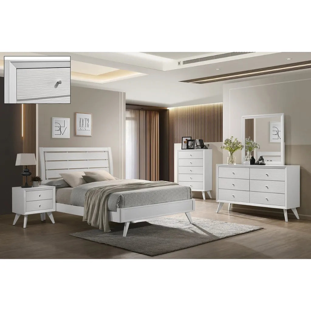 Modern bedroom set with white furniture including bed, nightstands, chest and dresser.