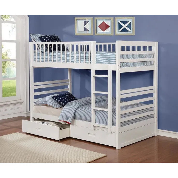 White bunk bed with storage drawers