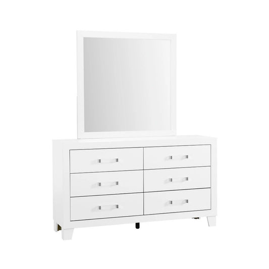 White dresser with six drawers and a matching mirror 