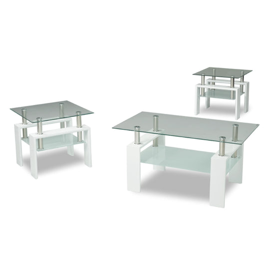 Set of three glass coffee table with white bases 