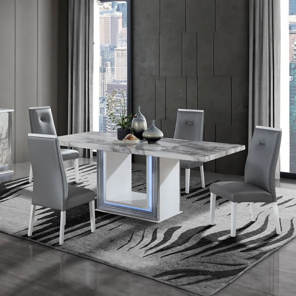 Modern marble dining table and gray chairs 