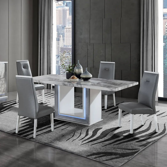 Modern marble dining table and gray chairs 
