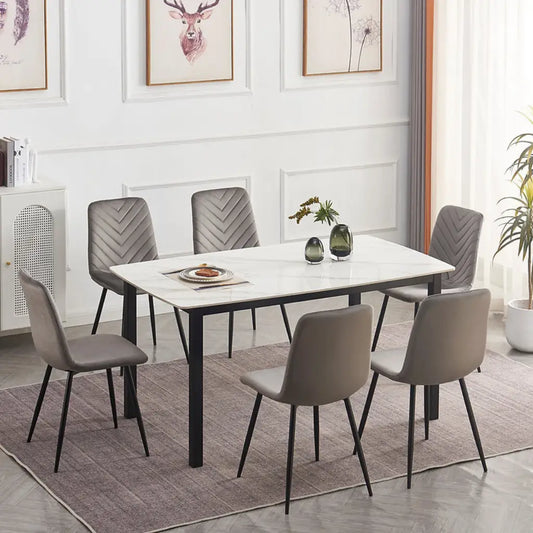 white marble Dining room set with  gray chairs 