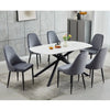 White marble dining table set with six grey velvet chairs 