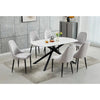 Dining room set with a white oval table and light grey chairs 