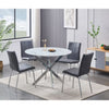 Dining room set with white marble round table and grey chairs 