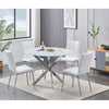 Dining set with a round glass table and white chairs