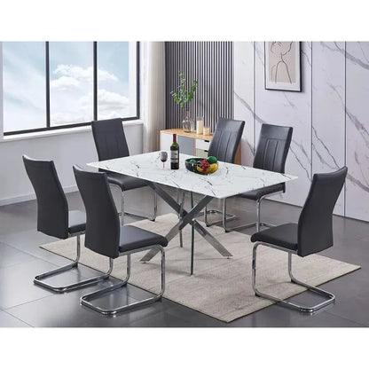 Dining room set with white marble dining table and black chairs