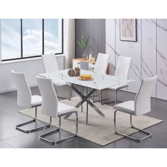 Modern dining set with white chairs and a marble table for 6 people