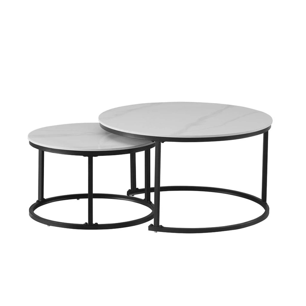 Set of two round coffee tables with marble tops and black metal frames