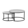 Set of two round coffee tables with marble tops and black metal frames