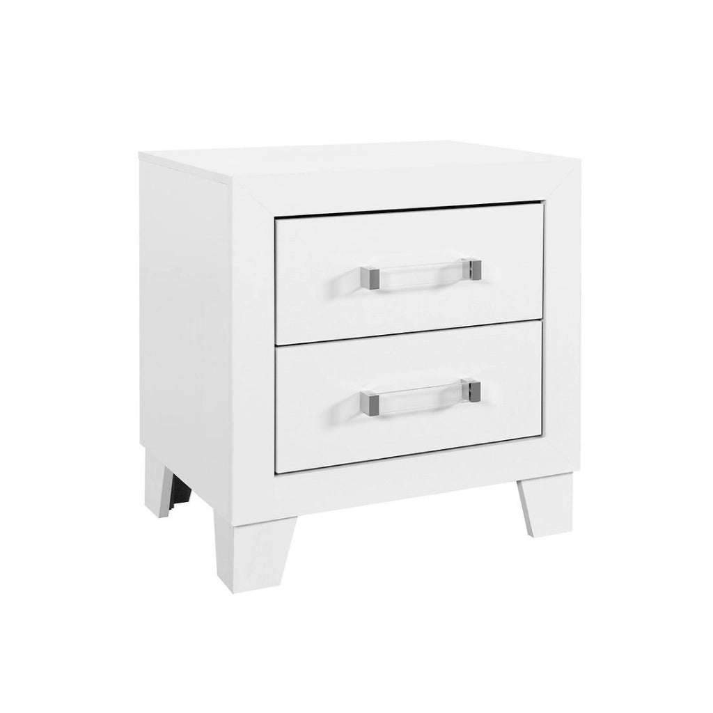 White nightstand with two drawers and clear acrylic handles 