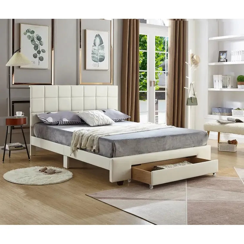 Queen Bed with Tufted Headboard and storage drawer