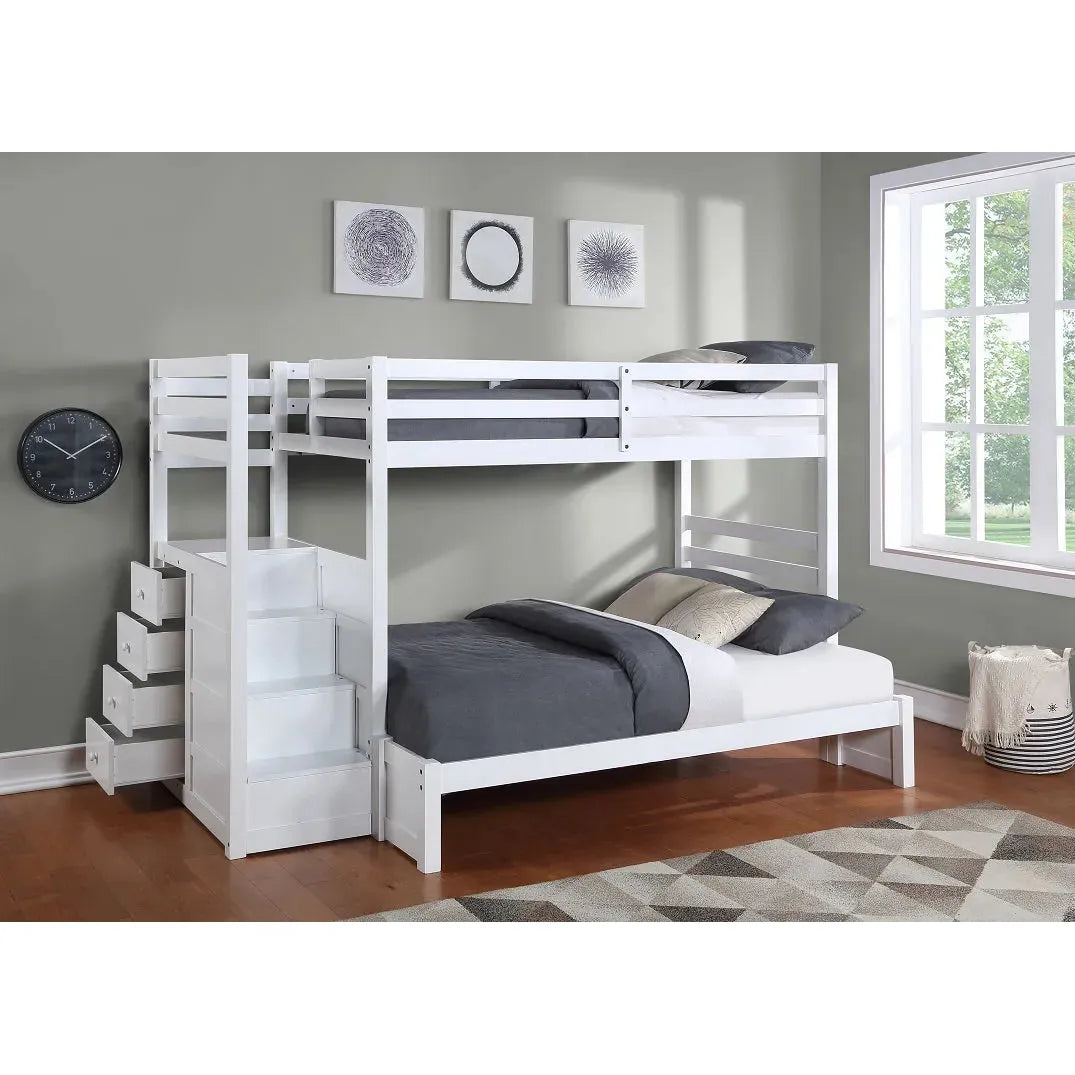 White bunk bed with grey bedding