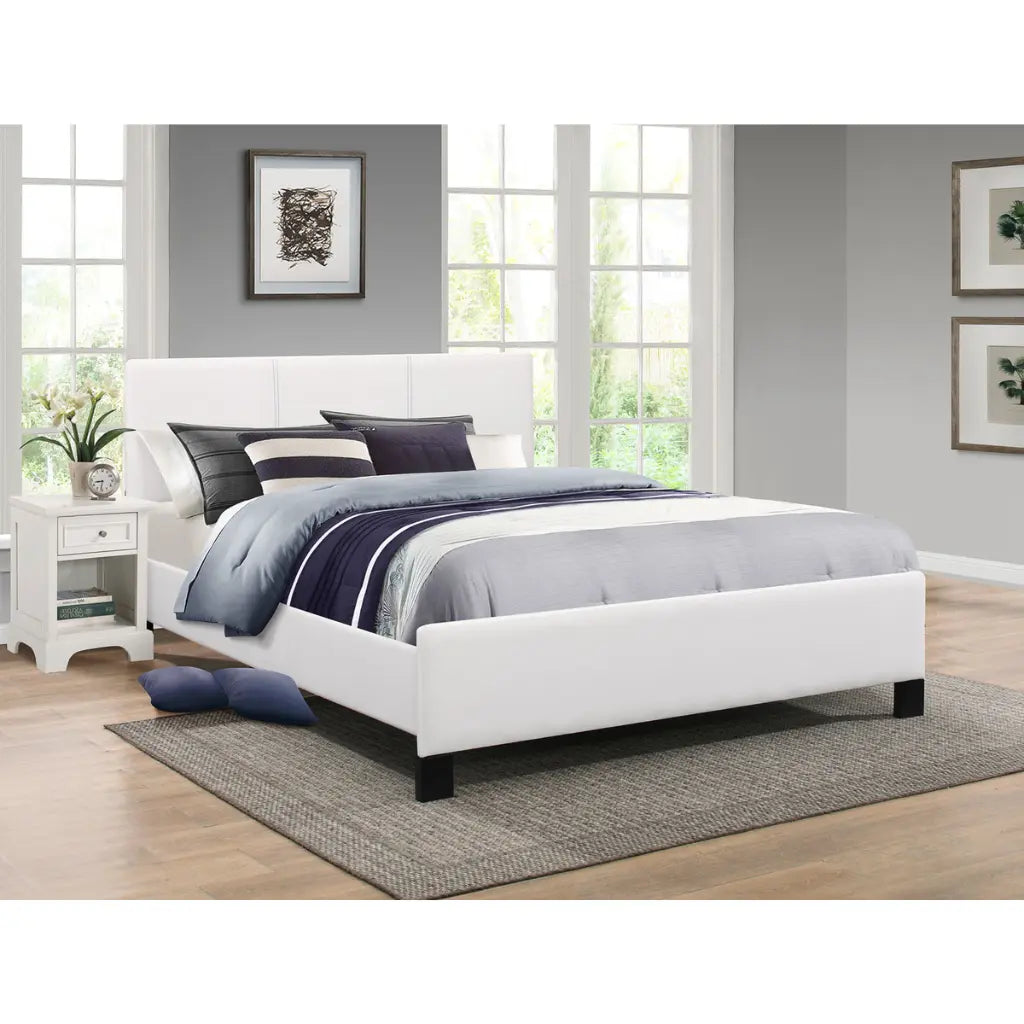 White Upholstered Queen Platform Bed with Contrast Stitching
