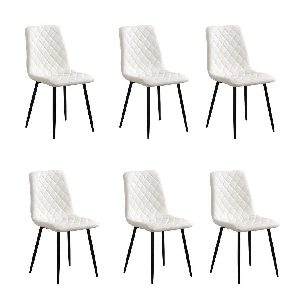 Set of six white quilted dining chairs with black legs 