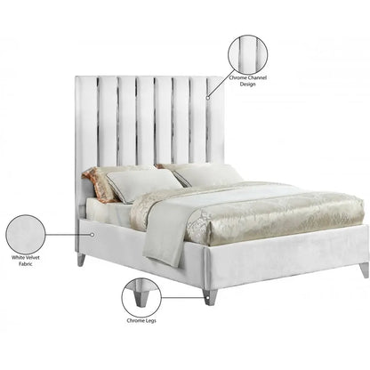 White Velvet King Bed with steel legs